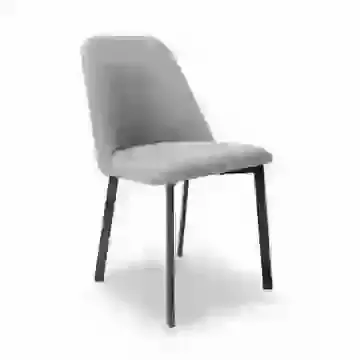 Set of 2 Light Grey Linen Fabric Dining Chair with Rounded Back and Black Metal Legs 